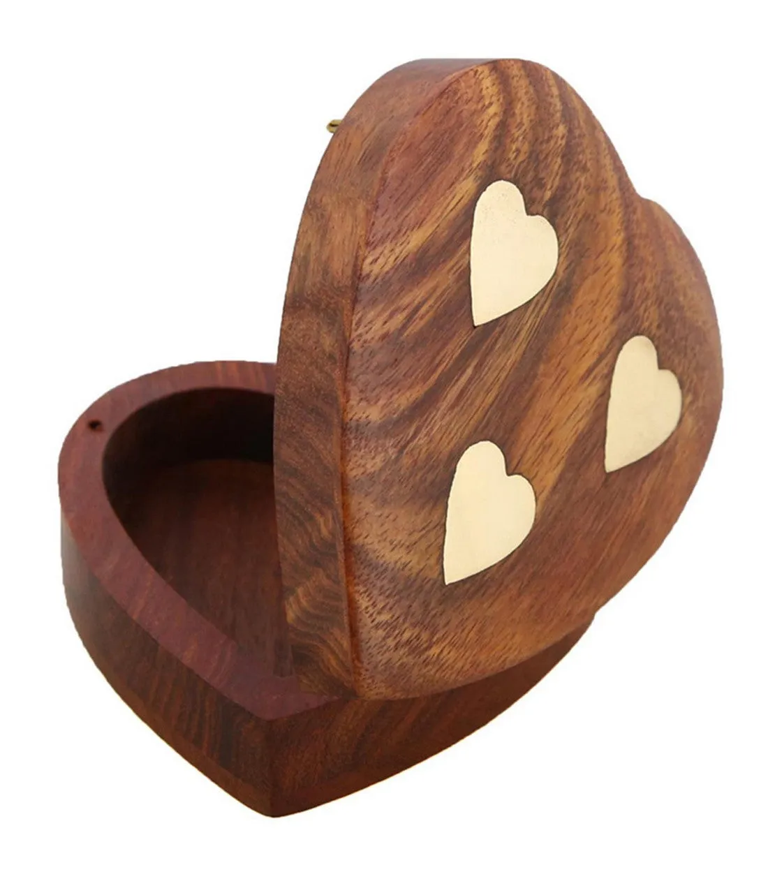 ShalinIndia Handmade Heart Shaped Wooden Jewelry Box With 3 Hearts - 3.5x3.5x 1 Inch -Sheesham Wood Brass