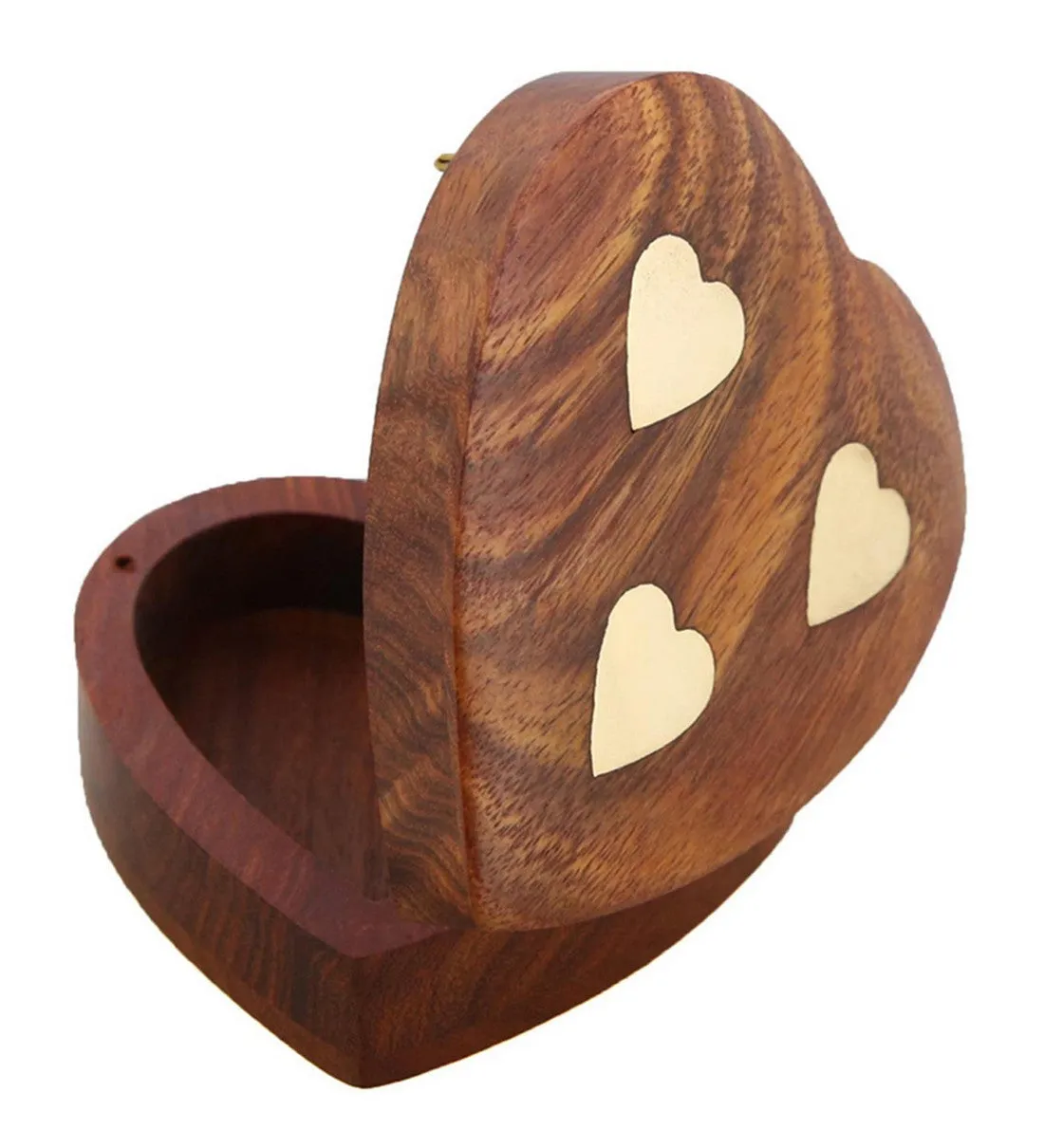 ShalinIndia Handmade Heart Shaped Wooden Jewelry Box With 3 Hearts - 3.5x3.5x 1 Inch -Sheesham Wood Brass