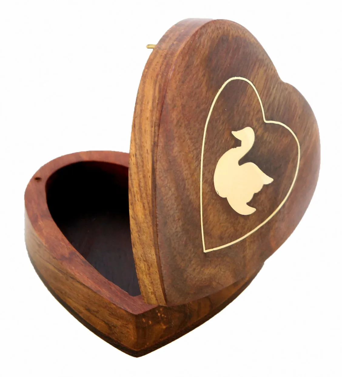 ShalinIndia Handmade Heart Shaped Wooden Jewelry Box With Swan -3.5x3.5x1 Inch- Sheesham Wood Brass