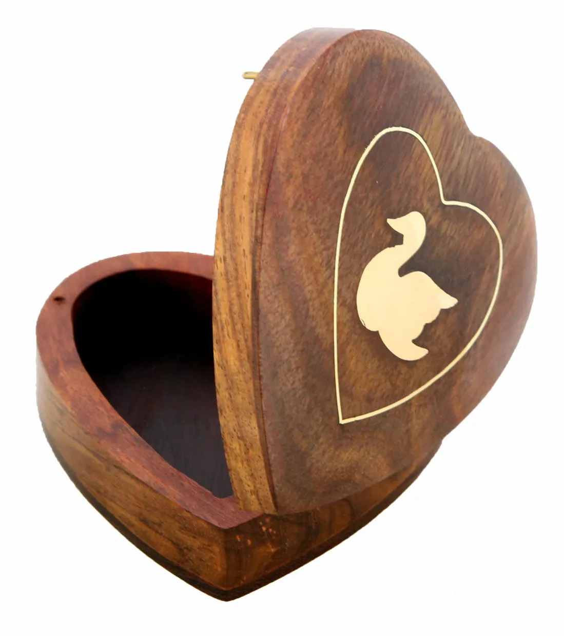 ShalinIndia Handmade Heart Shaped Wooden Jewelry Box With Swan -3.5x3.5x1 Inch- Sheesham Wood Brass