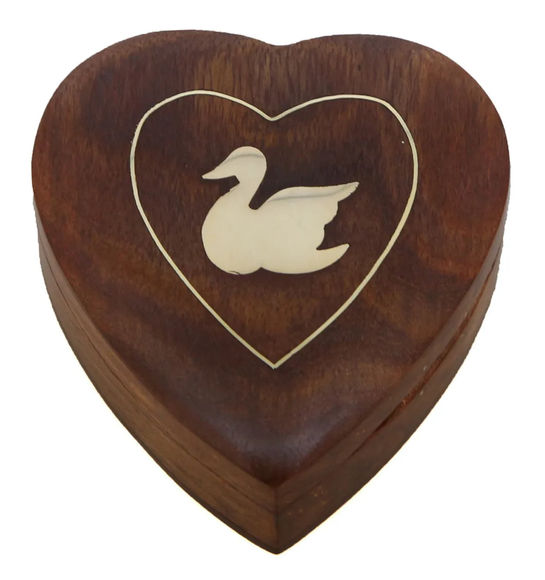 ShalinIndia Handmade Heart Shaped Wooden Jewelry Box With Swan -3.5x3.5x1 Inch- Sheesham Wood Brass