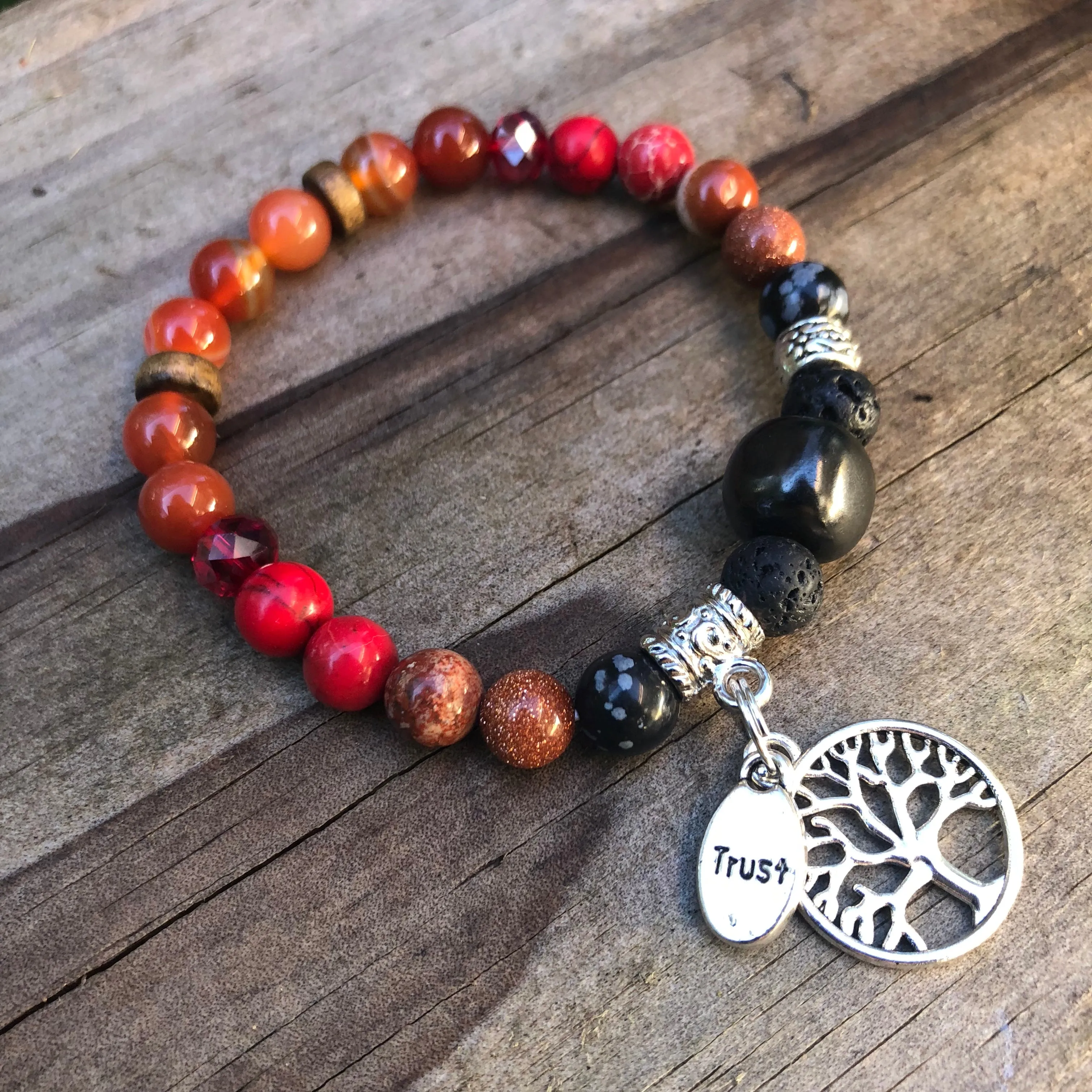 Shungite Amplified ROOT Chakra Bracelet ~ Tree of Life and TRUST Charms ~ Medium [#32]