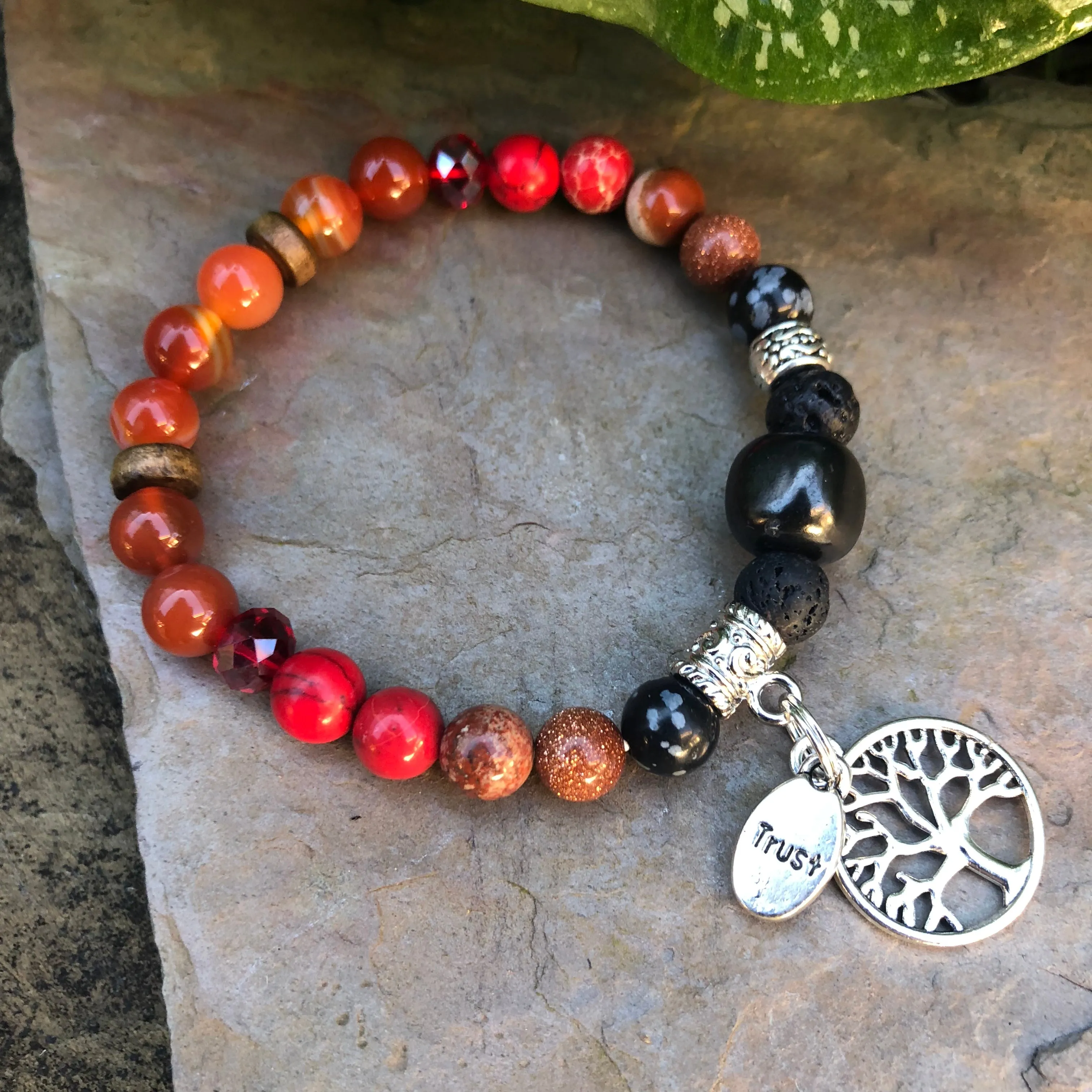 Shungite Amplified ROOT Chakra Bracelet ~ Tree of Life and TRUST Charms ~ Medium [#32]