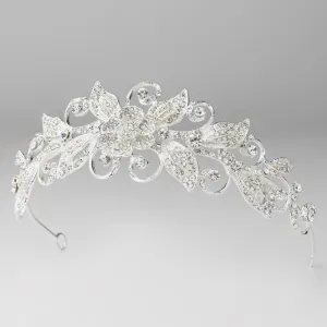 Silver Crystal Floral Swirl Leaf Tiara Headpiece