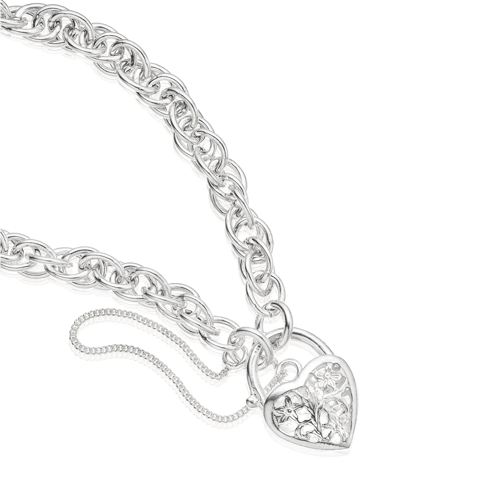 Sterling Silver 19cm Oval Belcher Heart Padlock Bracelet