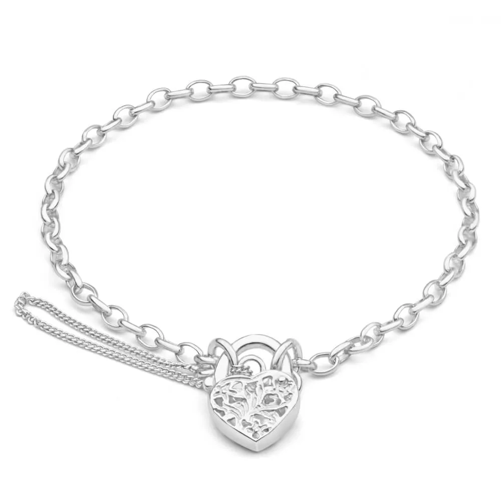 Sterling Silver Belcher Filigree Heart 19cm Bracelet