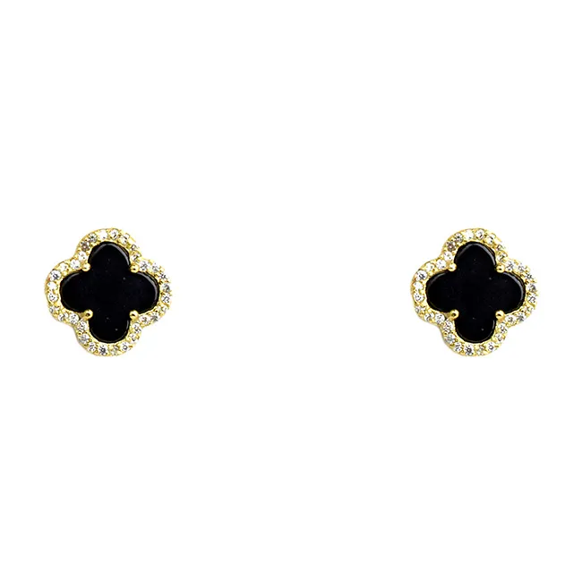 Sterling Silver CZ Clover Earrings with Black Onyx