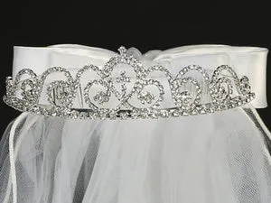 T425 24" Veil with Rhinestone Tiara and Cross Detail