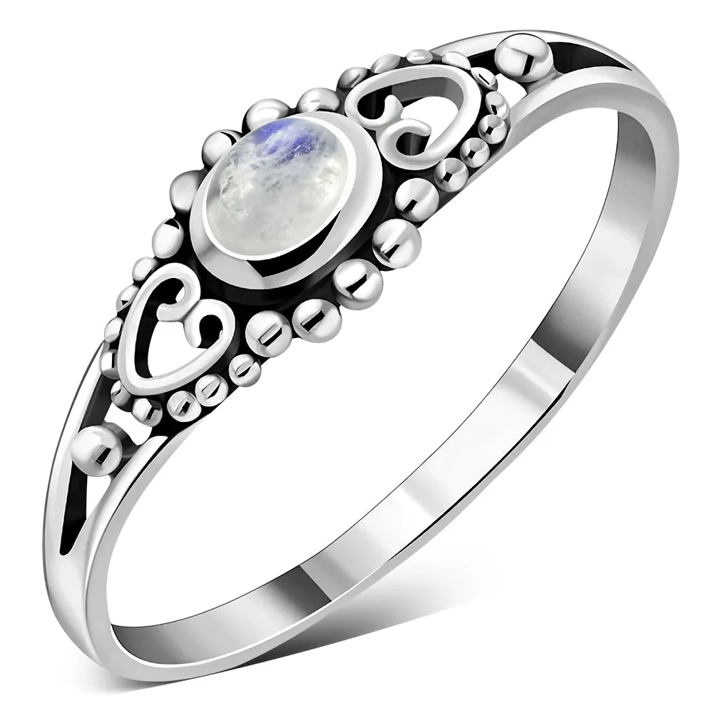 Thin Heart Rainbow Moonstone Sterling Silver Ring