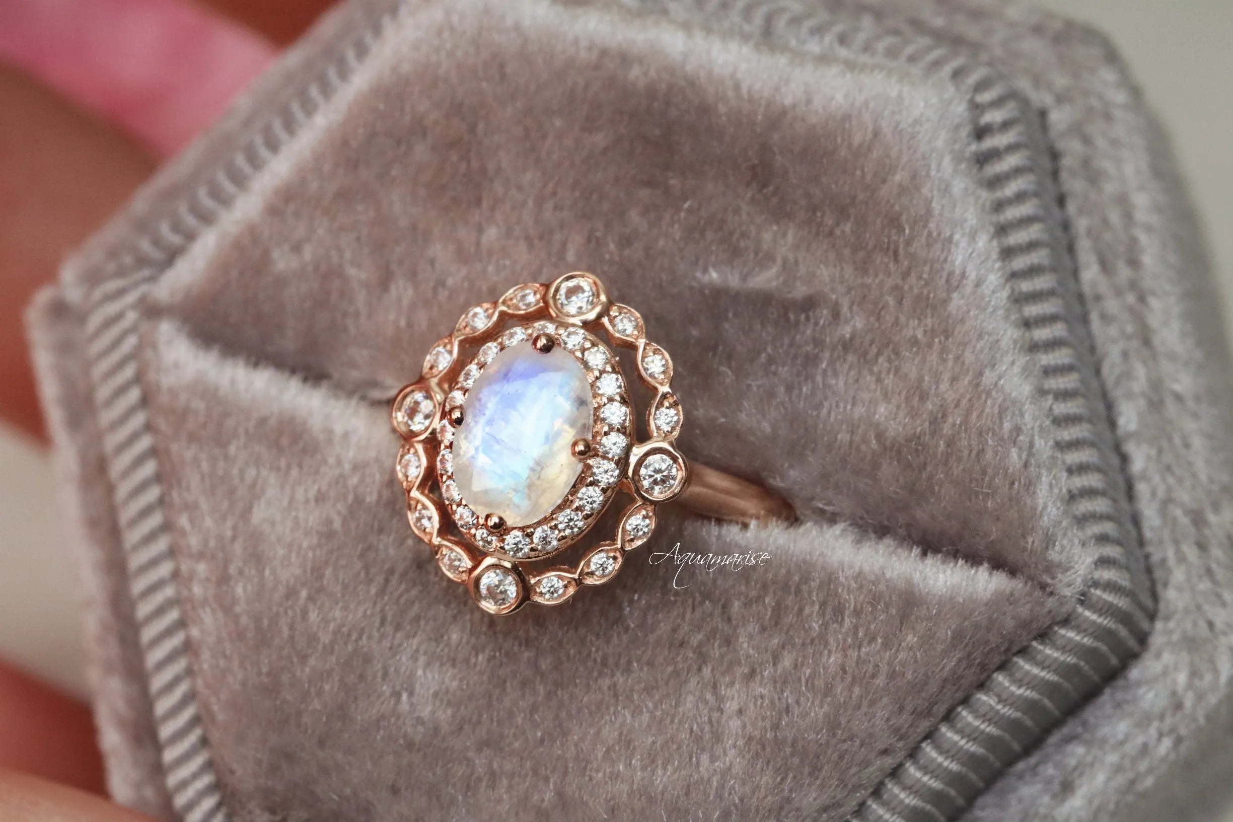 Valentina Rainbow Moonstone Engagement Ring- 10K/14K/18K Solid Rose Gold