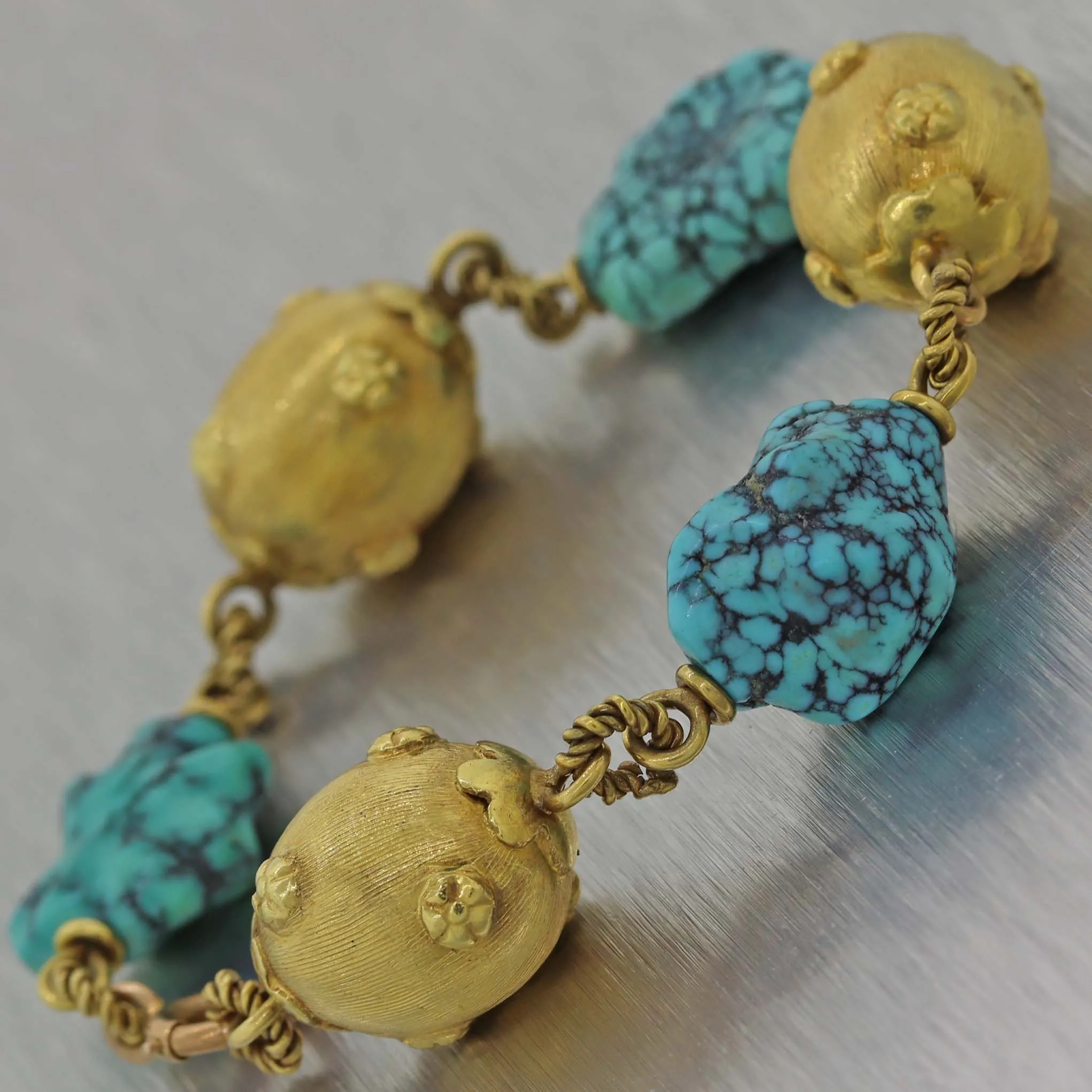 Vintage Estate 18k Yellow Gold Whimsical Turquoise Bracelet