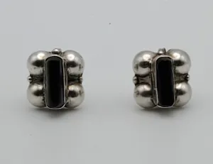 Vintage Handmade Sterling Silver Black Onyx Screw Back Earrings