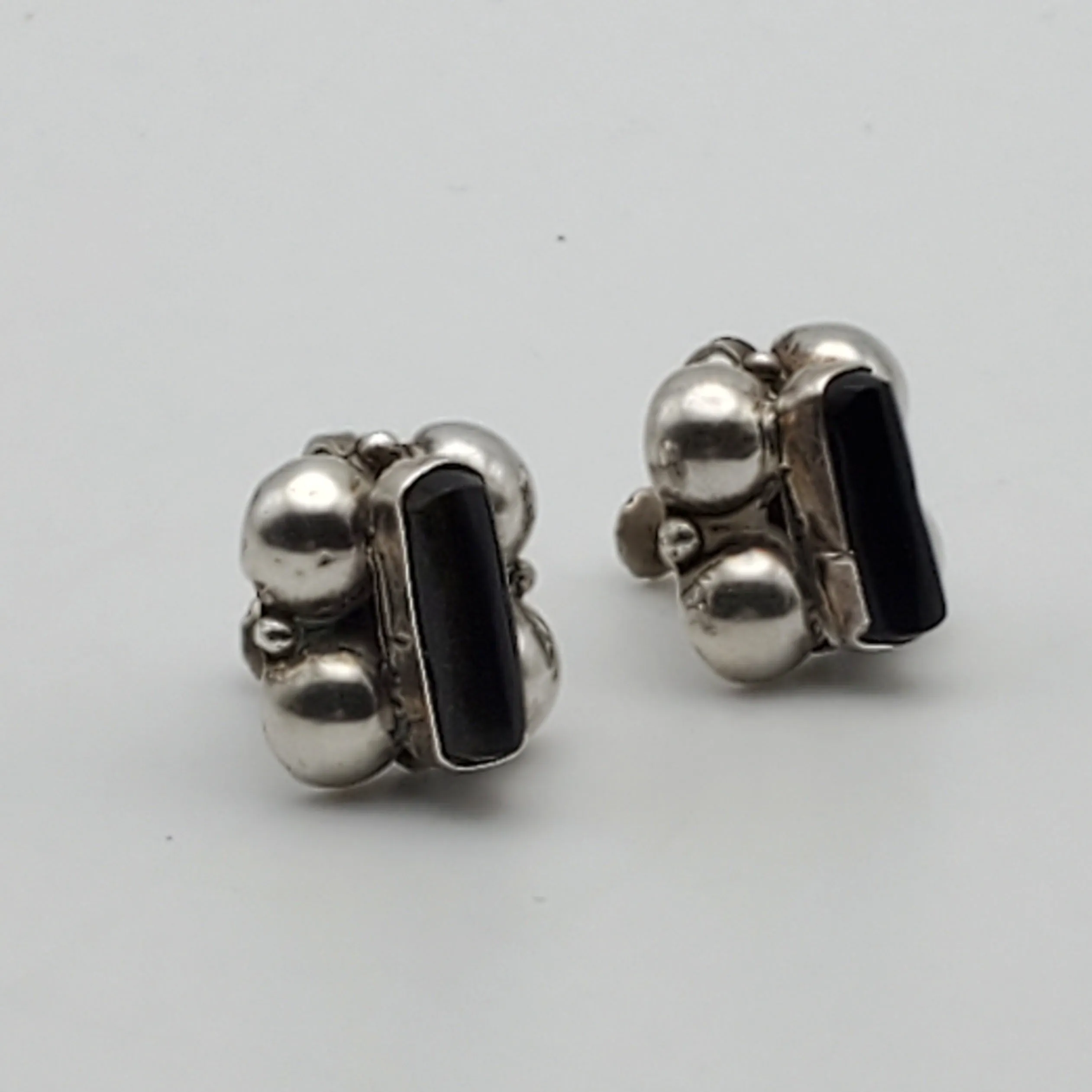 Vintage Handmade Sterling Silver Black Onyx Screw Back Earrings