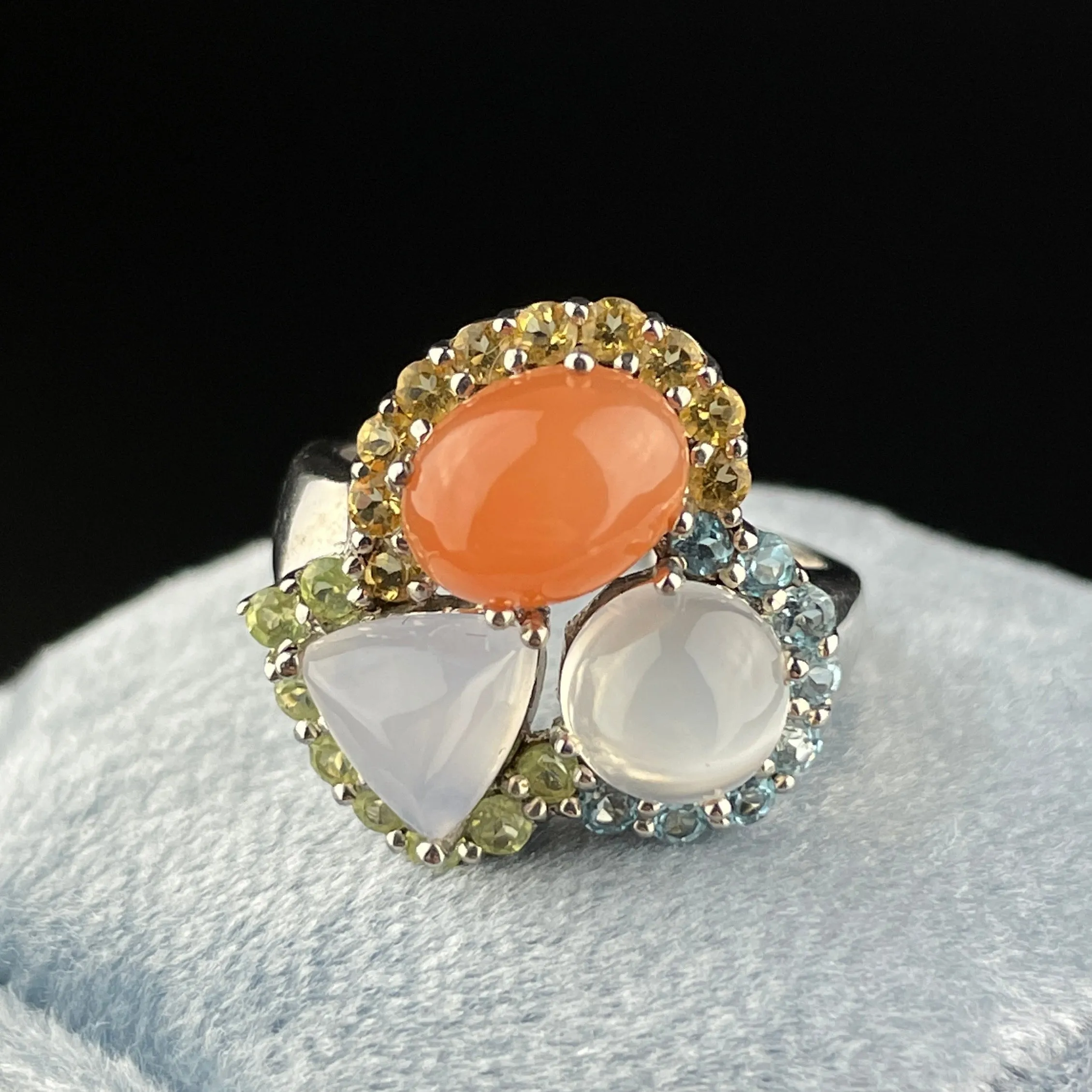 Vintage Moonstone Flower Cluster Silver Ring, Sz 6.5