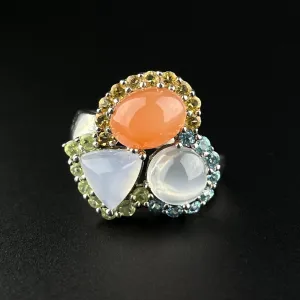 Vintage Moonstone Flower Cluster Silver Ring, Sz 6.5