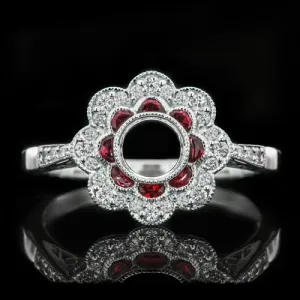 VINTAGE NATURAL RUBY DIAMOND DOUBLE HALO MOUNTING ROUND ENGAGEMENT RING SETTING