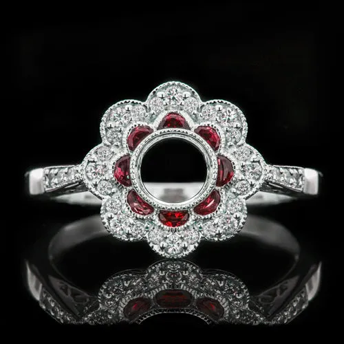 VINTAGE NATURAL RUBY DIAMOND DOUBLE HALO MOUNTING ROUND ENGAGEMENT RING SETTING