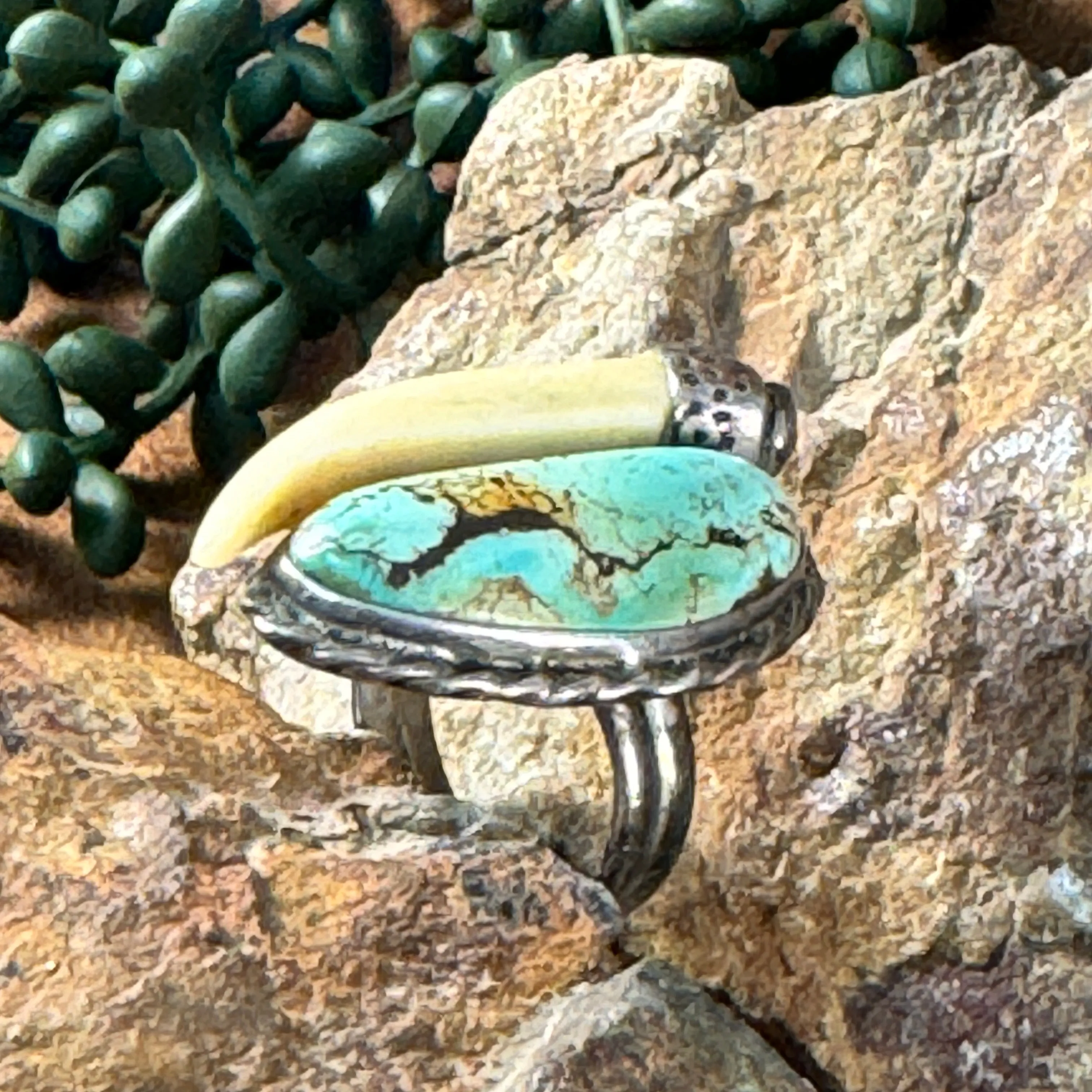 Vintage Walrus Tooth with Turquoise Silver Bracelet by DP -- Estate Jewelry