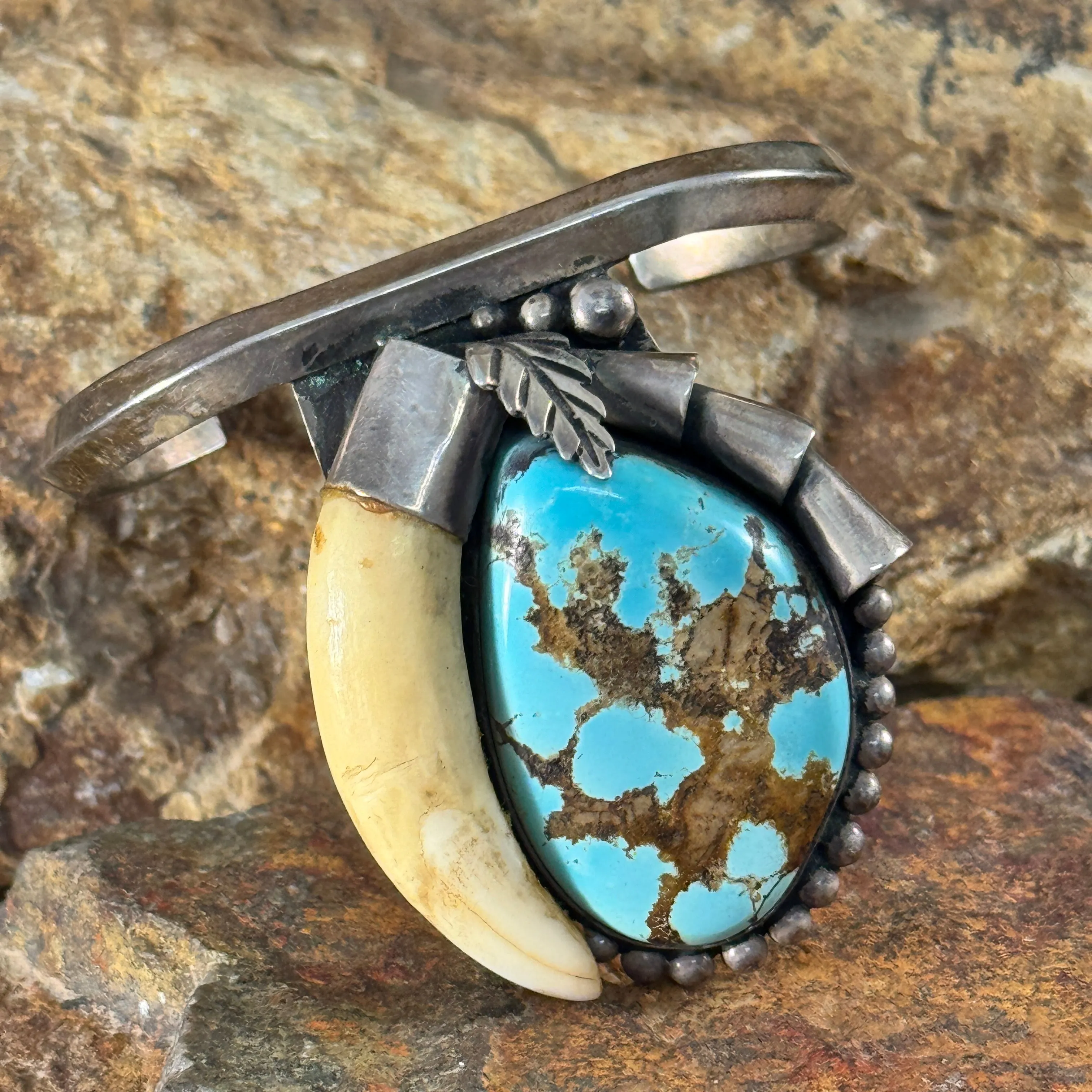 Vintage Walrus Tooth with Turquoise Silver Bracelet by DP -- Estate Jewelry