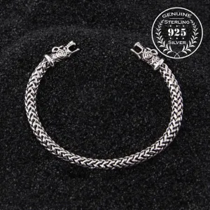 Wolf Head Meshed Torc Bracelet - Sterling Silver