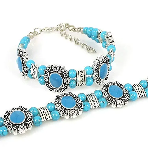 Yellow Chimes Exclusive German Silver Oxidized Turquoise Beads Antique Bracelets for Women and Girls