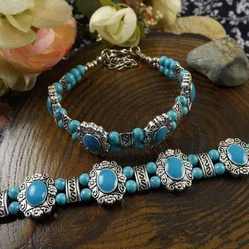 Yellow Chimes Exclusive German Silver Oxidized Turquoise Beads Antique Bracelets for Women and Girls