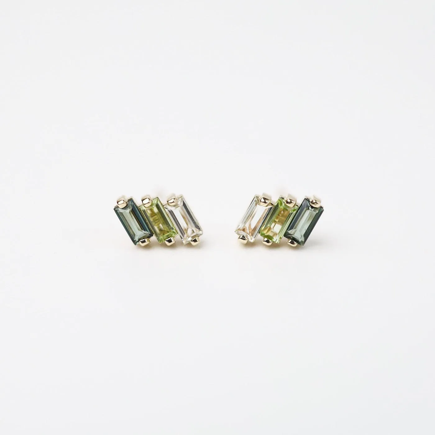 Yellow Gold Mixed Green Baguette Bar Earring