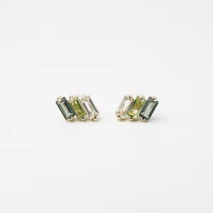 Yellow Gold Mixed Green Baguette Bar Earring