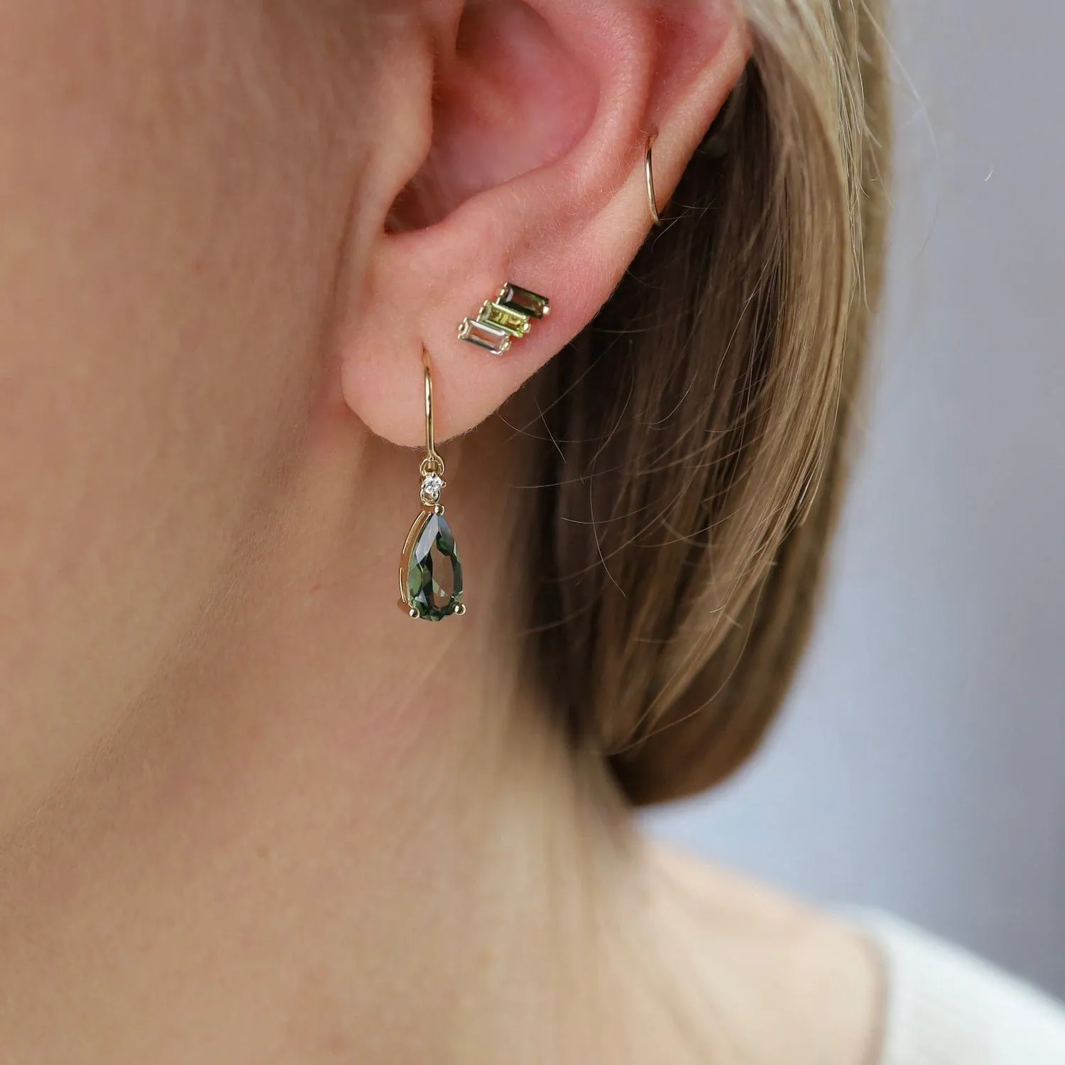 Yellow Gold Mixed Green Baguette Bar Earring